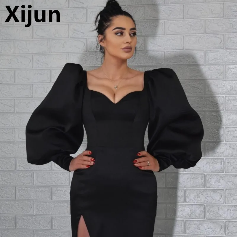 

Элегантное Черное вечернее платье-Русалка Xijun 2023 с сексуальным разрезом и буффами на рукавах, атласное платье знаменитости для выпускного вечера