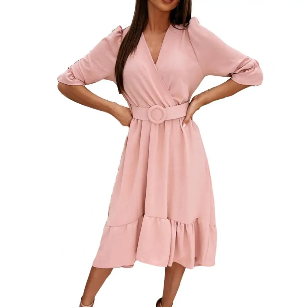 

Женское платье с оборками на подоле, однотонное летнее платье из полиэстера с длинным рукавом, V-образным вырезом и оборками на талии