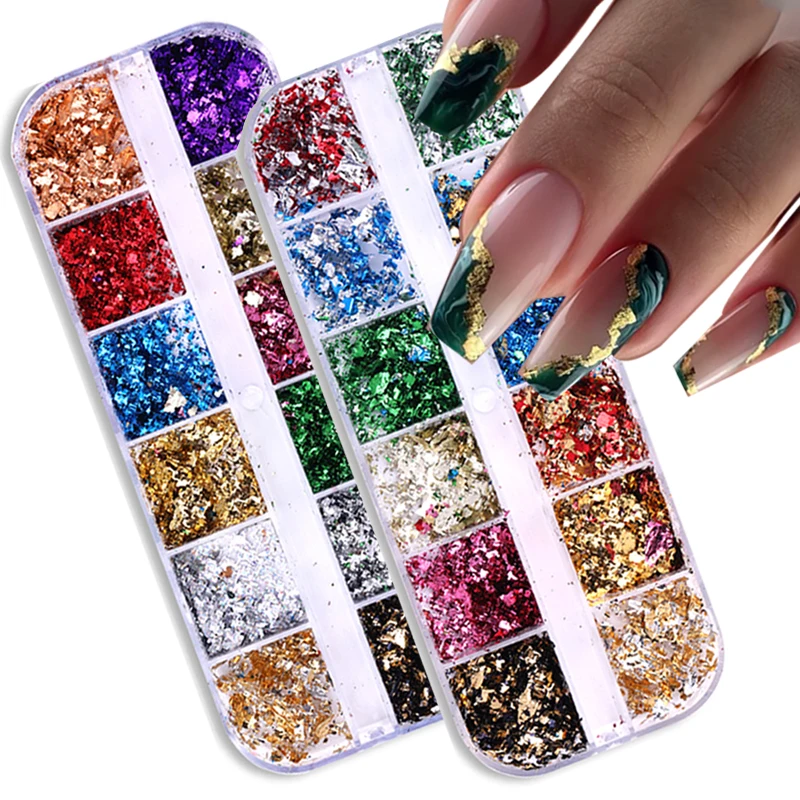 

Gold Silver Sparkly Foil Nails Sequins Irregular Aluminum Nail Glitter Flakes UV Gel Polish Nail Art Decoration DIY Accessories