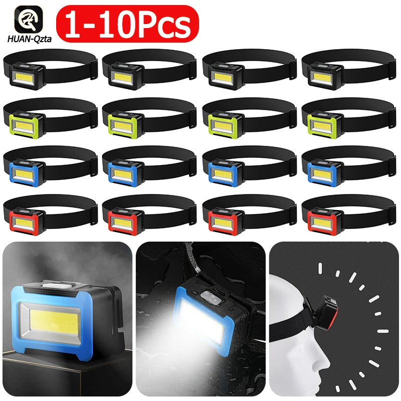 

1-10 шт. COB светодиодный налобный фонарь, Рабочий фонарь на батарейках, водонепроницаемый налобный фонарь, фонасветильник с 3 режимами, налобн...