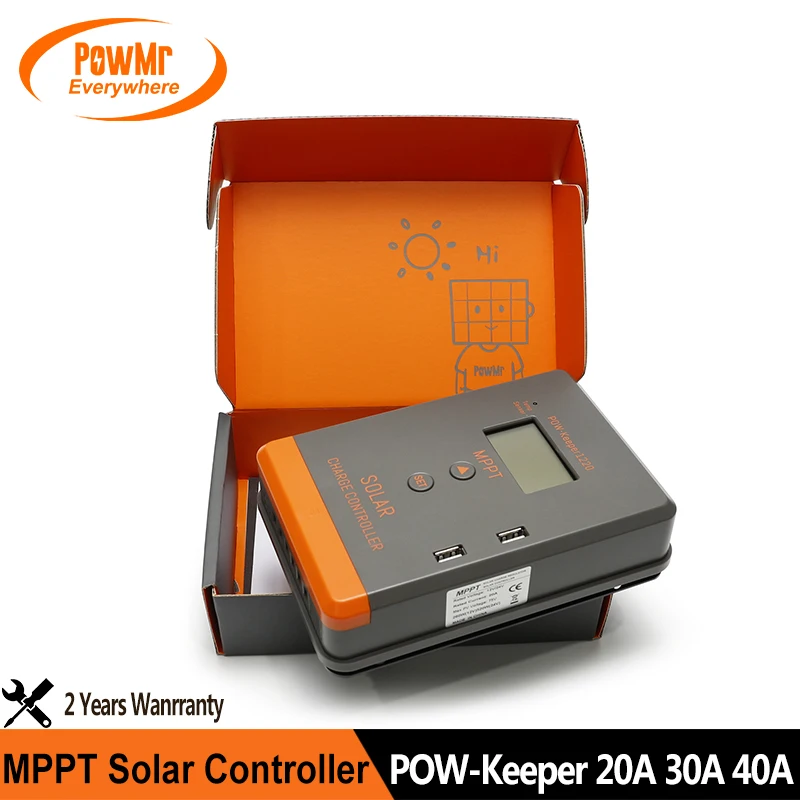 Контроллер заряда PowMr для солнечной батареи, MPPT 20A 30A 40A 12/24 в, автоматическая настройка, максимальное время работы, ПВ, 100 В постоянного тока, работает с солнечной панелью