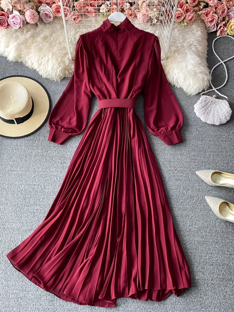 

Женское Плиссированное вечернее длинное платье, красное/розовое/фиолетовое элегантное драпированное платье с высокой талией, воротником-с...