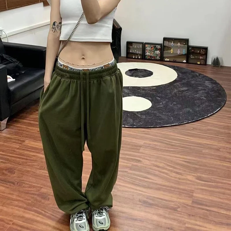 Женские мешковатые спортивные брюки Y2K зеленого цвета в стиле хиппи K-POP оверсайз