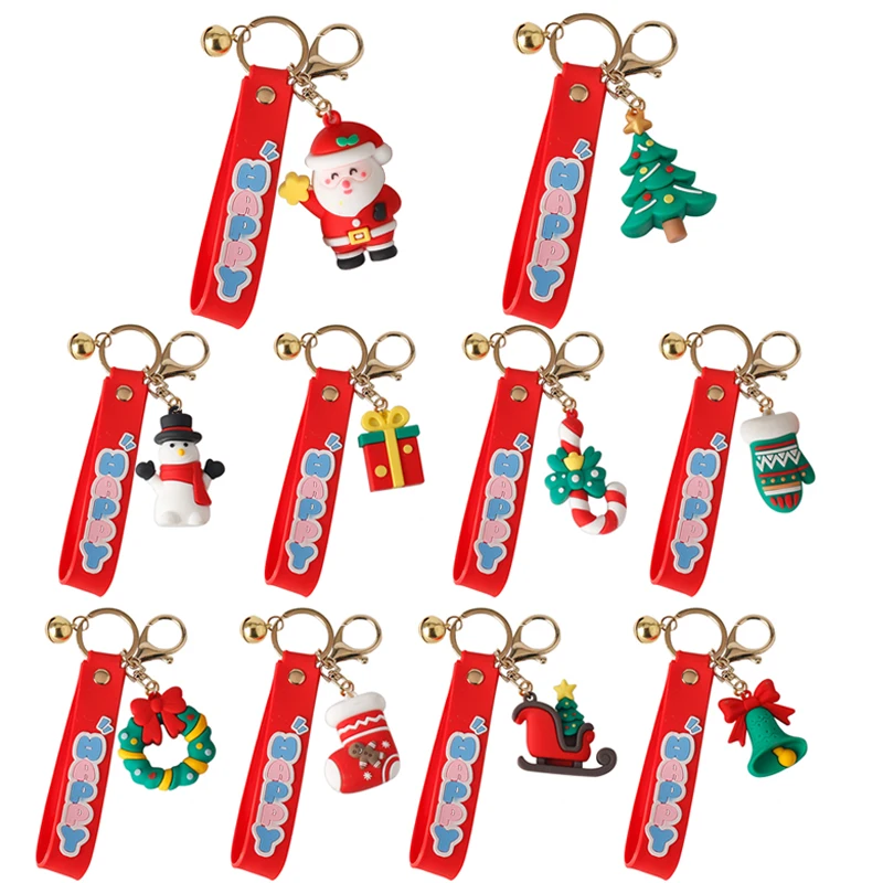 

Christmas Gift Santa Claus Key Chains for Backpacks Christmas Tree Pendant Cute Elk Snowman Bell 3D Doll Key Ring for Kids Girls