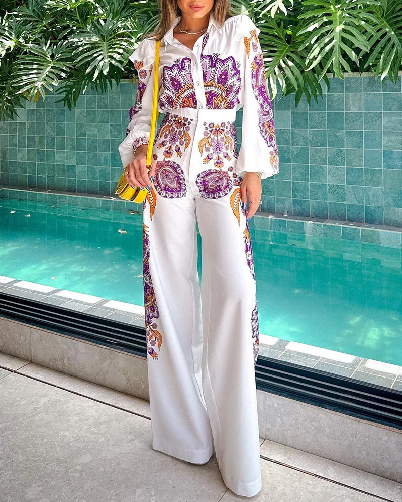 

Tribal Floral Print Lantern Sleeve Top & Wide Leg Bootcut Pants Set Women Spring Summer Blouse Tops High Waist Loose Pants