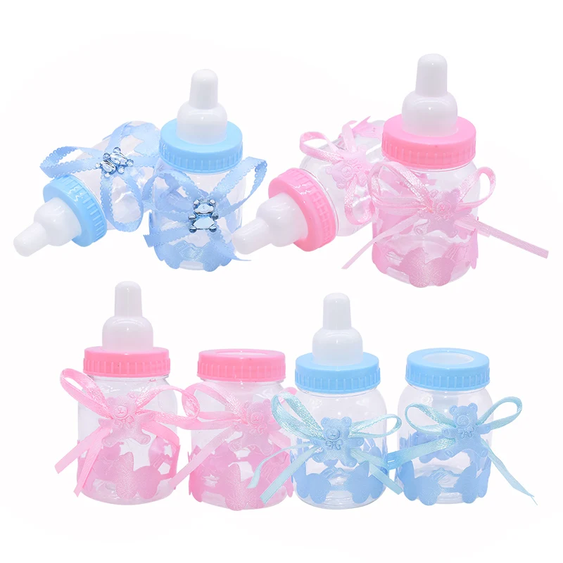 

12pcs Girl Boy Baby Shower Decoration Chocolate Candy Feeding Bottle Baptism Favors Birthday Party Gifts Box Plastic Case