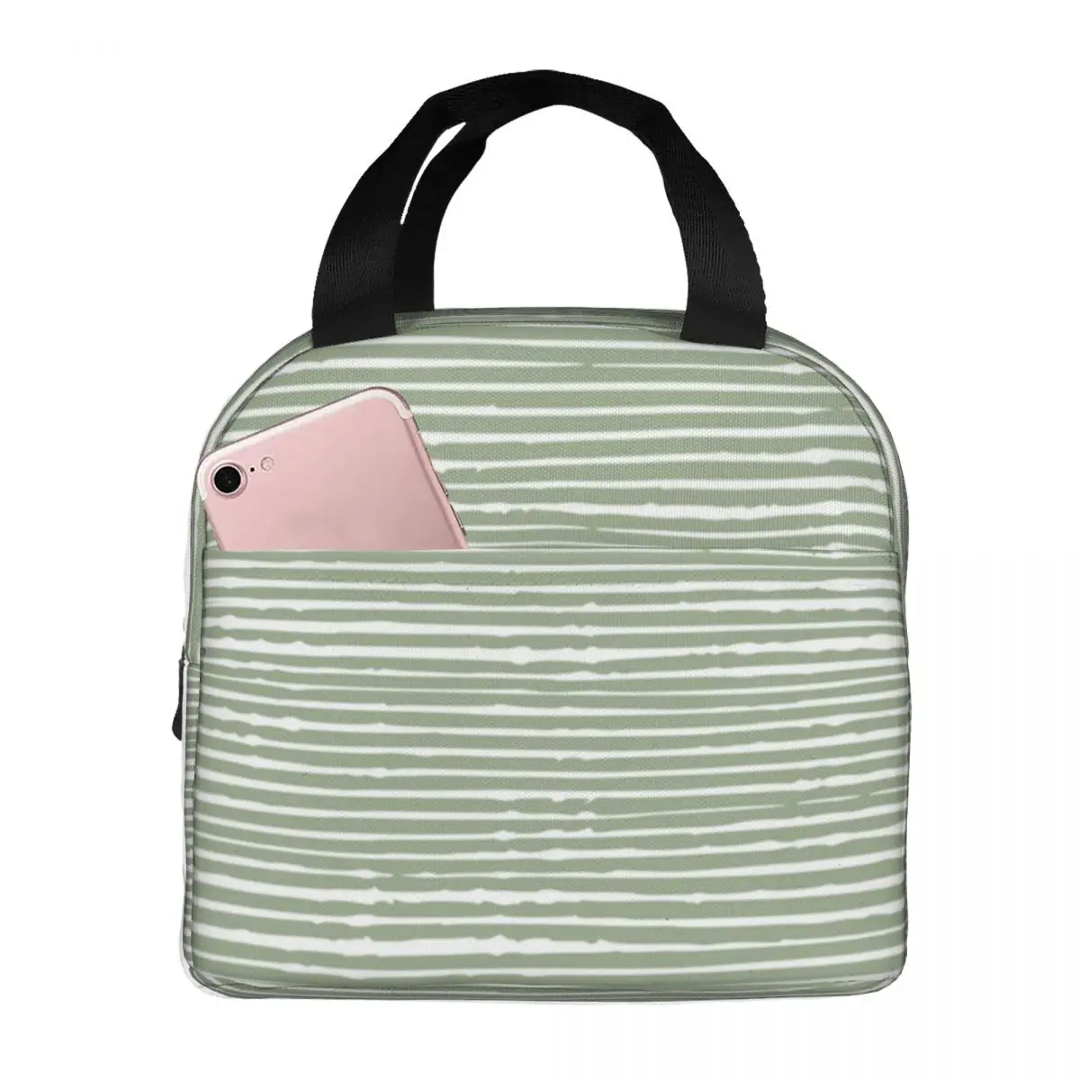 

Nature's Abstract Stripes Sage Green White Lunch Bag Waterproof Insulated Cooler Thermal Food Picnic Lunch Box for Women Girl
