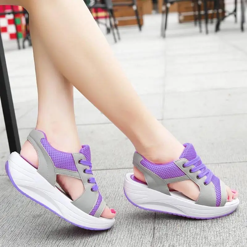 Muffin Sandals Comfortable Wedges Sandals For Women Contrast Paneled Cutout Lace-Up Muffin Sandals Summer Peep Toe Sandals Shoes