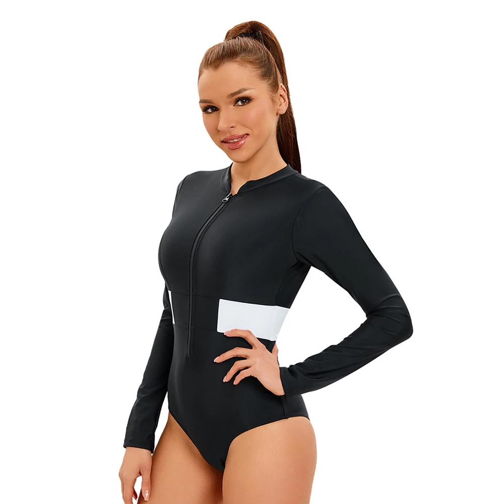 

New Women's Contrast Color One Piece Swimwear Sexy Open Back Hollow Out Long Sleeve Sun Protection Quick Drying Surfing Suit