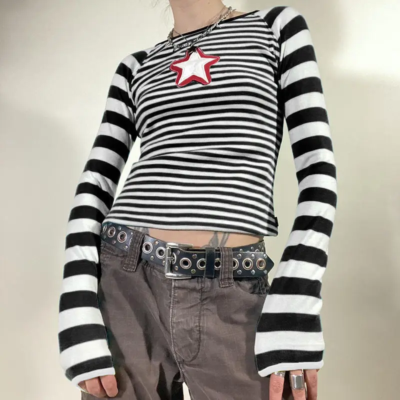 

Hikigawa Chic Fashion Women Stars Embroidery Y2k Striped Sexy T-Shirts Summer Streetwear Casual Slim Long Sleeve Crop Tops Mujer