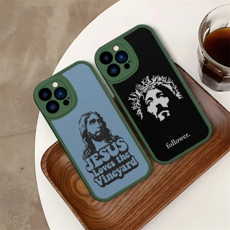 

God Jesus Pray Phone Case Green For IPhone 14 11 13 12 Pro Max Mini Xs X Xr 7 8 Plus SE2020 Leather Silicone Soft Texture Coque