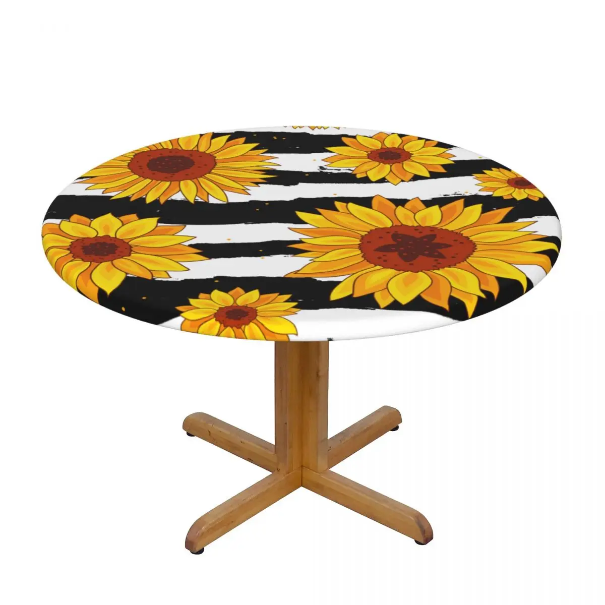 

Round Table Cover for Dining Table Elastic Tablecloth Yellow Sunflowers On Black And White Striped Fitted House Hotel Decoration