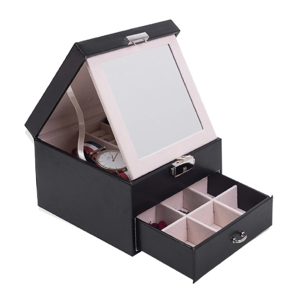 

Jewelry Display Holds Stand Box Desktop Color Earrings Necklace Box Leather Rings Double Layer Jewelry Organizer