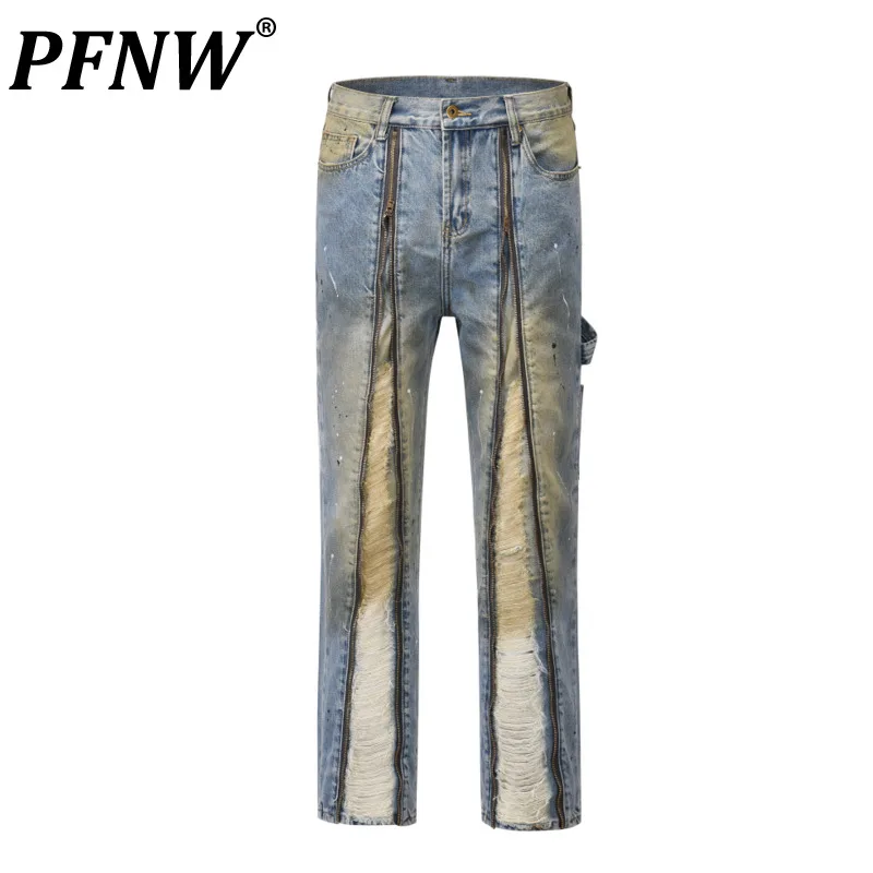 

PFNW Zippers Hole Worn Out Washing Vintage Men's Jeans Straight Ink Painted Baggy Denim Trousers High Street Pants 12AA042403