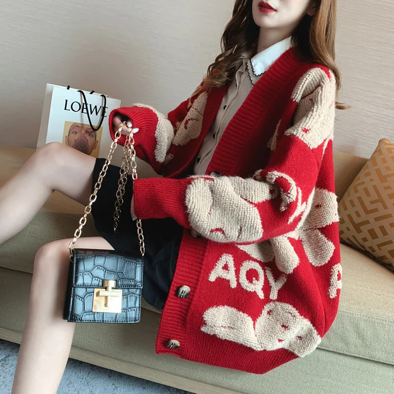 

Women Cute Teddy Bear Sweaters Knitted Red Loose Body Vintage Kawaii Sweater 2023 Harajuku Clothes New Cartoon Patten Cardigans
