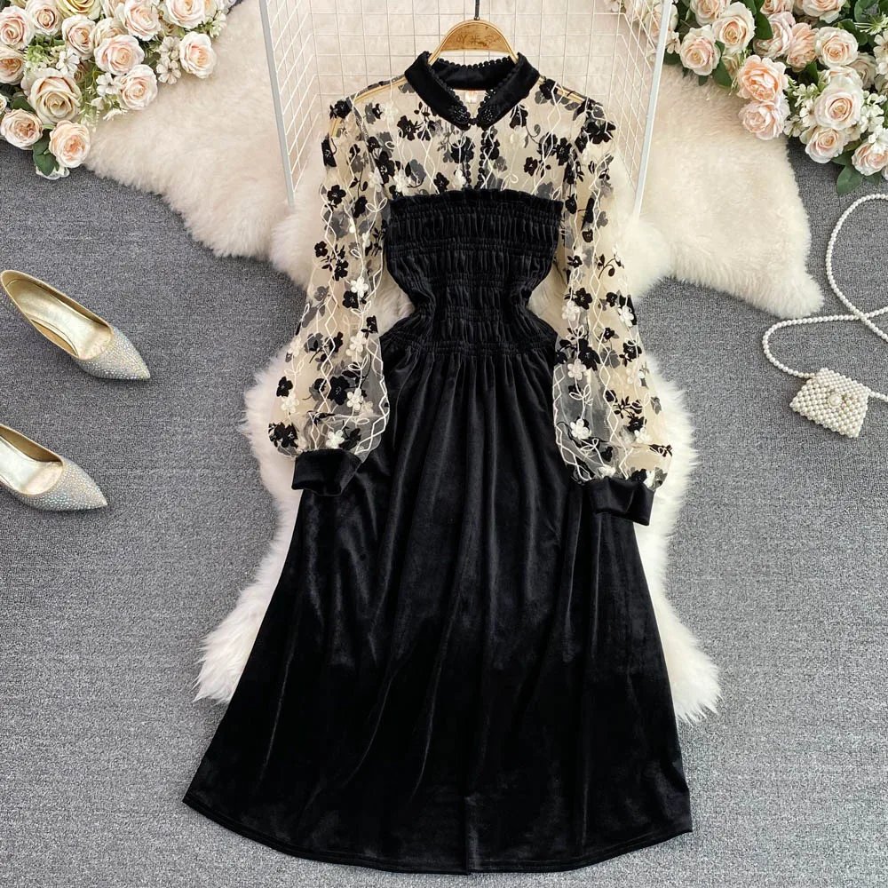

French Dress Autumn Winter Women Mesh Velvet Stitched Lantern Sleeve A-line Dresses Elegant Fashion Large Swing Slim Vestidos