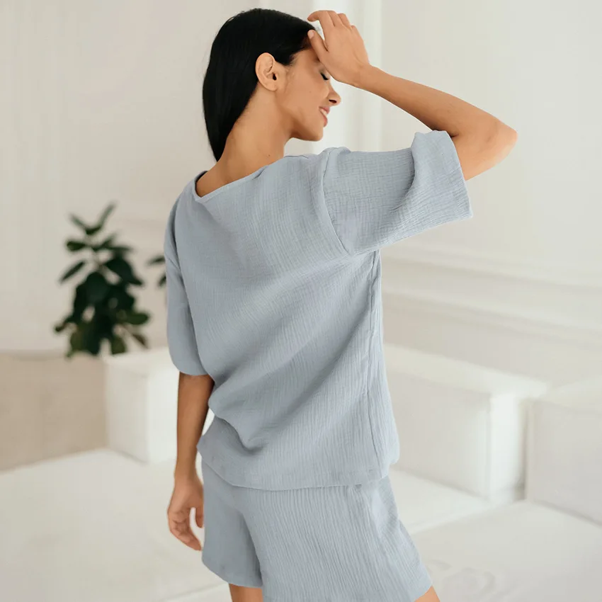 Casual Pajamas Sets Sleepwear 2pcs Solid Color Sleep Suit Shirt Shorts Loungewear Home Clothing Round Neck Nightwear