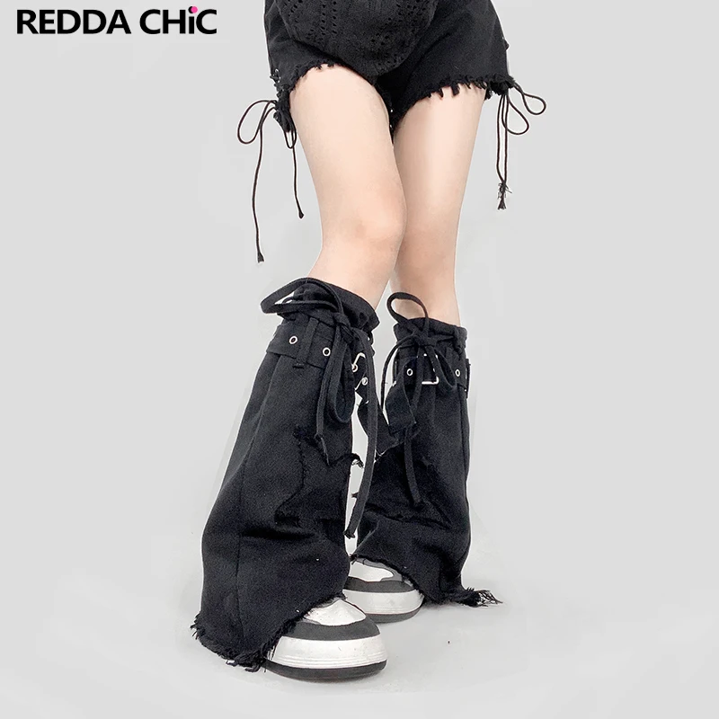 

ReddaChic Harajuku Grayu Women's Gaiter Star Patchwork Solid Black Knee-Long Footless Socks Bandage Belt Leg Wamers Boots Cover