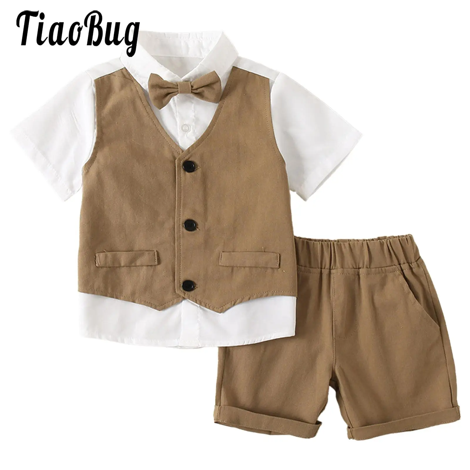 

Boys Gentleman Tuxedo Suit Short Sleeve Shirt with Tie Fake Waistcoat Shorts Baby Set Christening Suit Festive Baptism Wedding