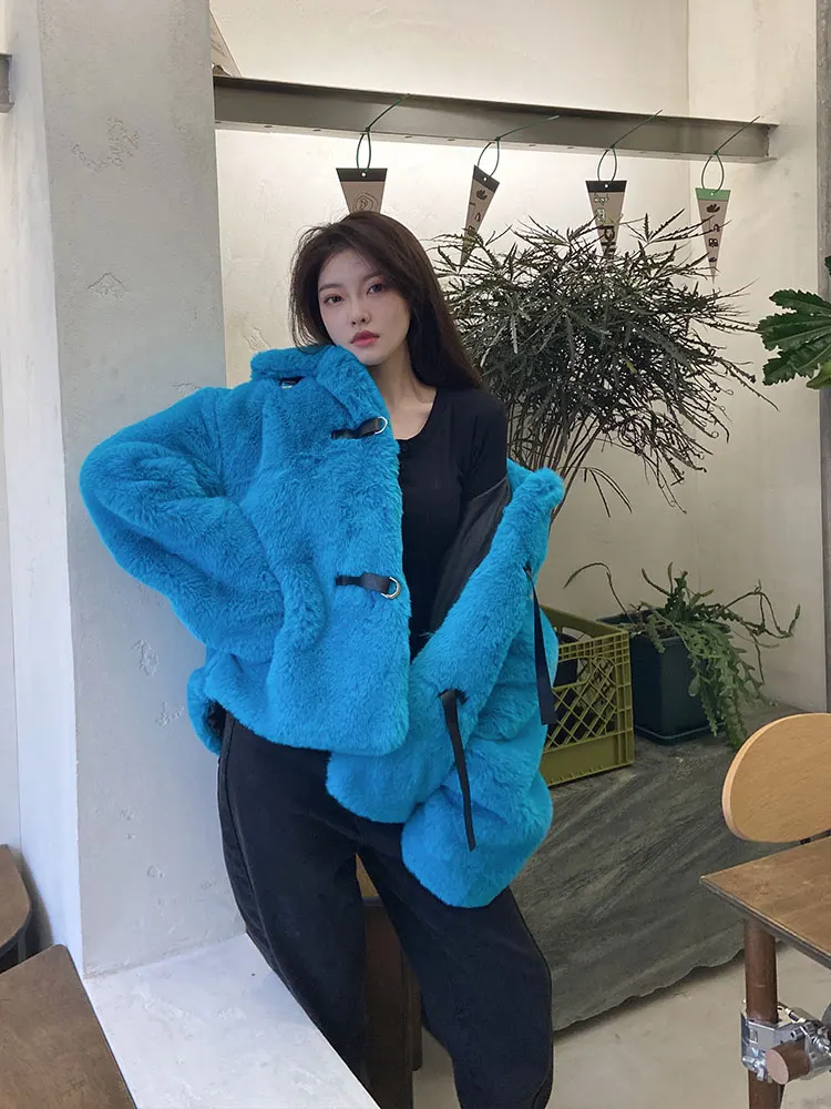Young Style Streetwear Women Fluffy Overcoat 2022 New Autumn Winter Thicken Faux Rabbit Hair Fur Jacket Coat Blue Three Buttons