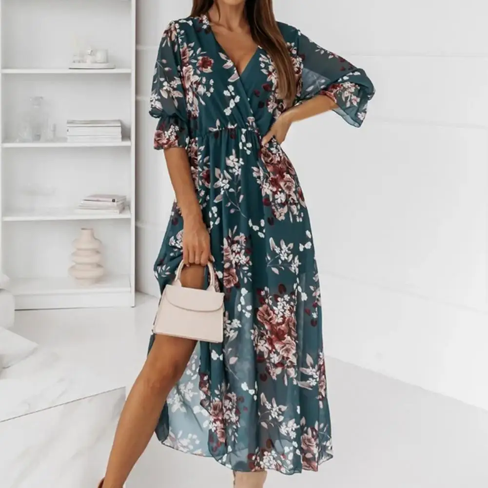 

Lady Dress Colorful Flower Print Long Deep V Neck Spring Dress for Dating 2022