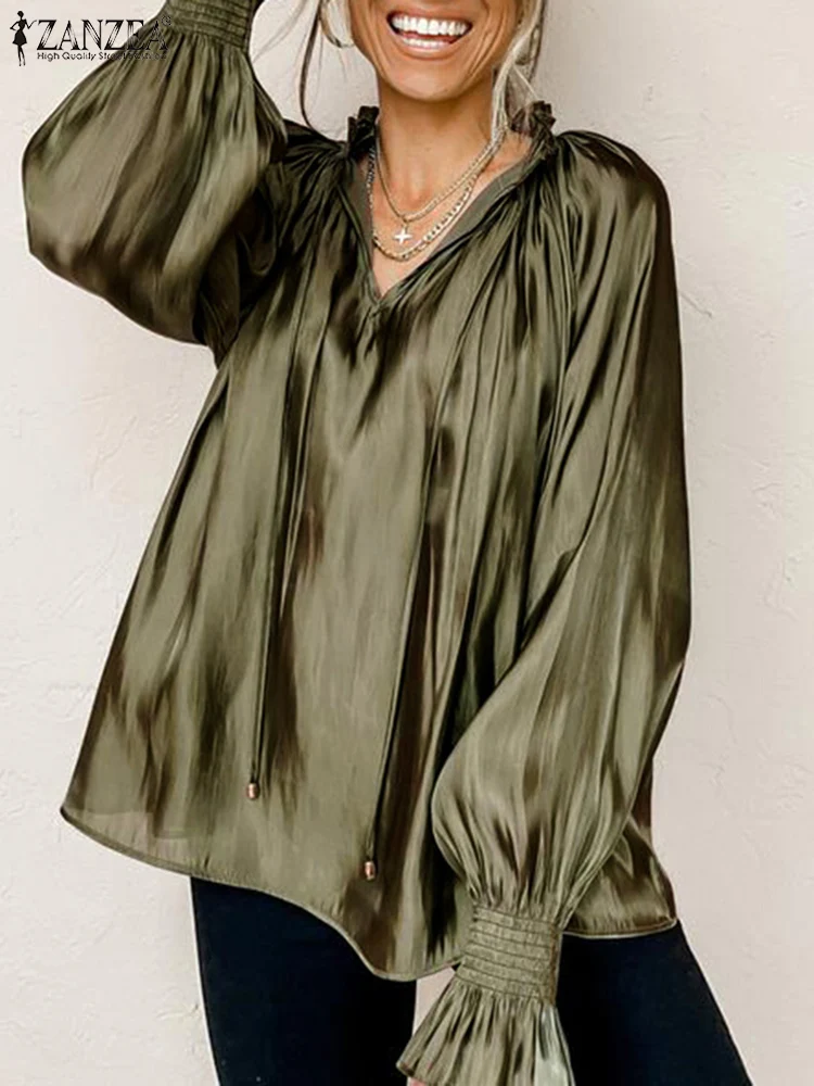 ZANZEA-Blusa de satén con mangas abullonadas para mujer, camisa holgada informal con volantes, cuello en V, Túnica de gran tamaño, Primavera
