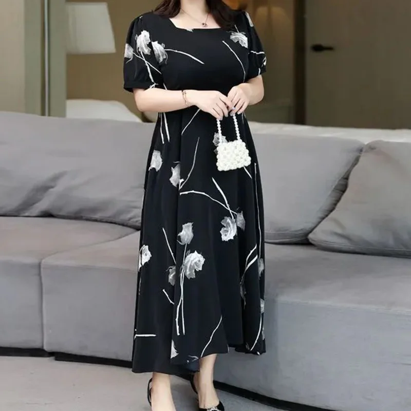Plus Size Women's Summer New Short Sleeve A-line Dresses Prairie Chic Floral Printing Round Neck Black Loose Ankle-Length Dress