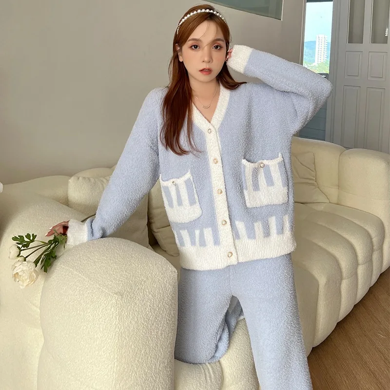 Winter Pajamas Set Female Loungewear Flannel Sleepwear High-End Feather Yarn Nighty Suit Lady 2 Pieces Set Pyjamas Free Shipping