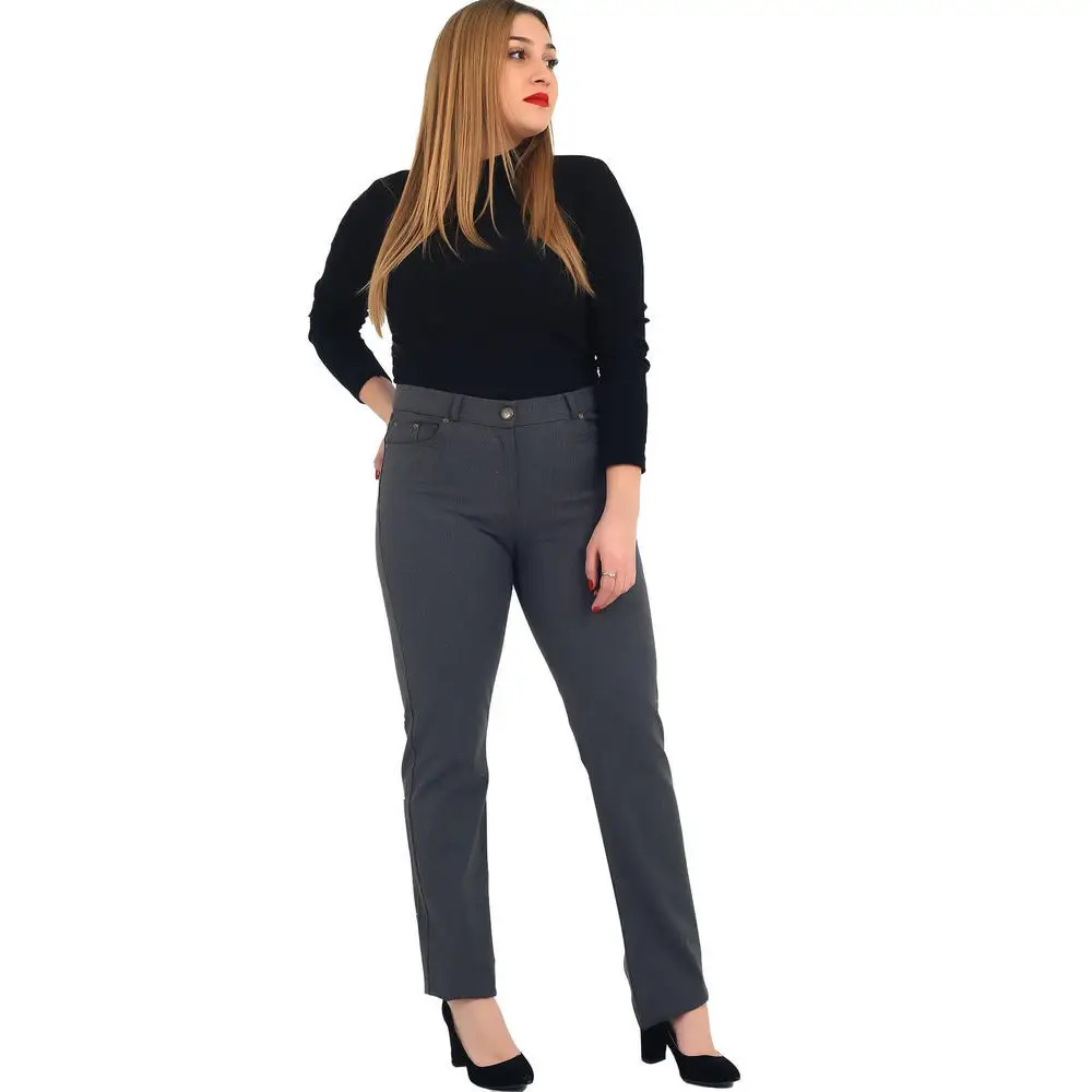 Ftof women large size pants Rg1029G fabric high waist straight leg wrist length pocket gabardine zipper closure buttoned brown Lac