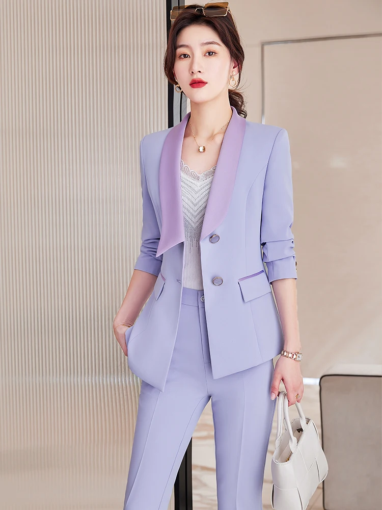 Pink Purple Women 2 Piece Blazer Set Formal Pant Suit Female Jacket and Trouser Fashion  For Office Ladies Winter Work Wear