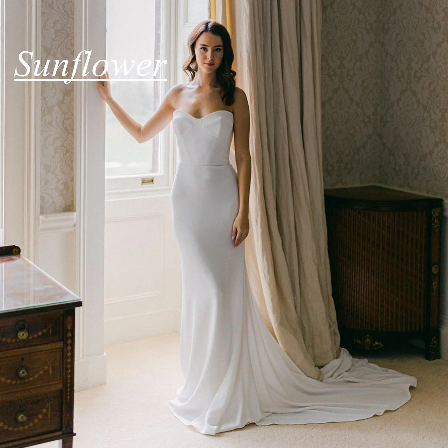 

Sunflower Empire Scallop ShapeLace Up Floor-lengthRuffle فستان الزفاف Strapless Sleeveless Luxury Wedding Dresses robe mariée