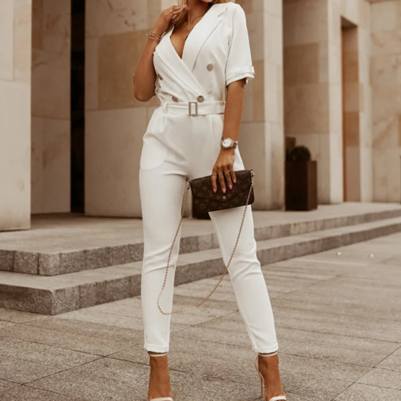 

2022 New Solid Color Bodysuit Summer Fashion Suit Collar Sleeveless Slim Waist Chic Party Jumpsuit Overalls For Women Office