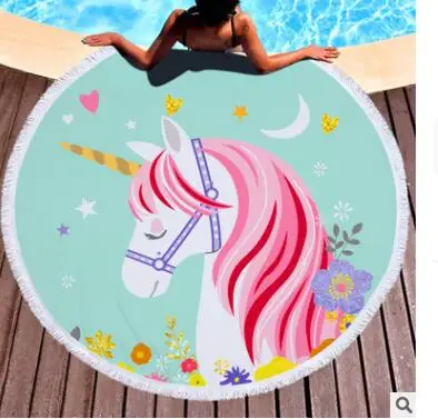 

1pcs/lot woman Cartoon Unicorn Series Microfiber Beach Towel female large print unicorn round towel