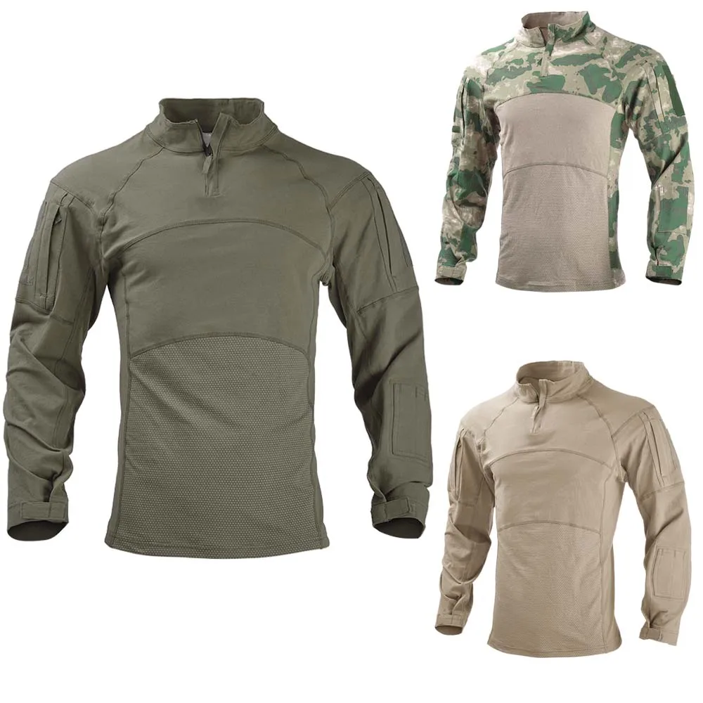 HAN WILD Mens Long Sleeve Tactical Shirt Men's Military Rapid Army Combat Shirts Assault Slim Fit Camo T Shirt with Zipper New