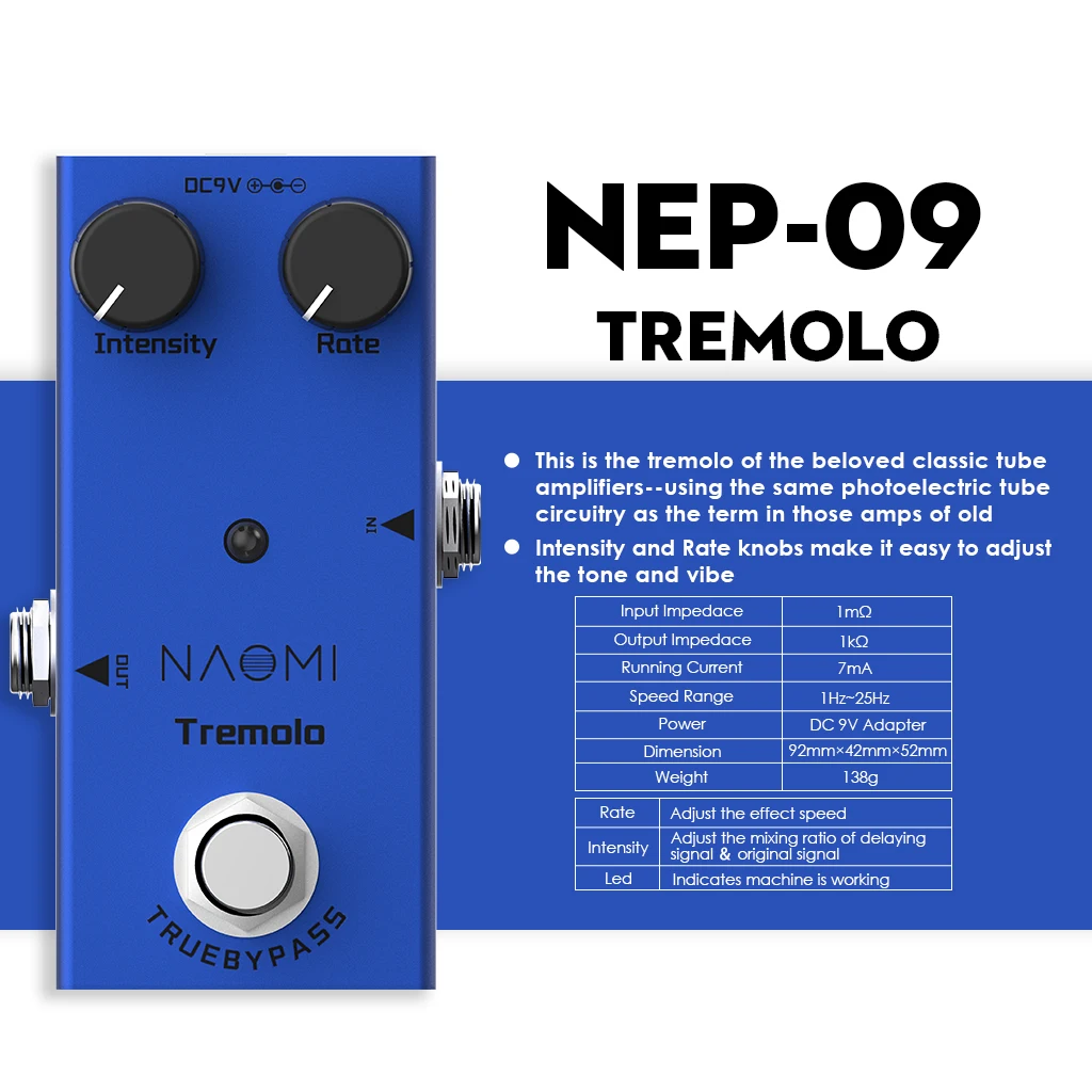 

NAOMI NEP-09 MINI Electric Guitar Effect Pedal Tremolo Tone Volume Drop Less For Vintage Sounds Rock Rockabilly Soulblues Chords