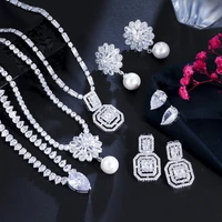 threegraces sparkling cubic zirconia geometric shape elegant drop earrings necklace set for women trendy party jewelry tz695