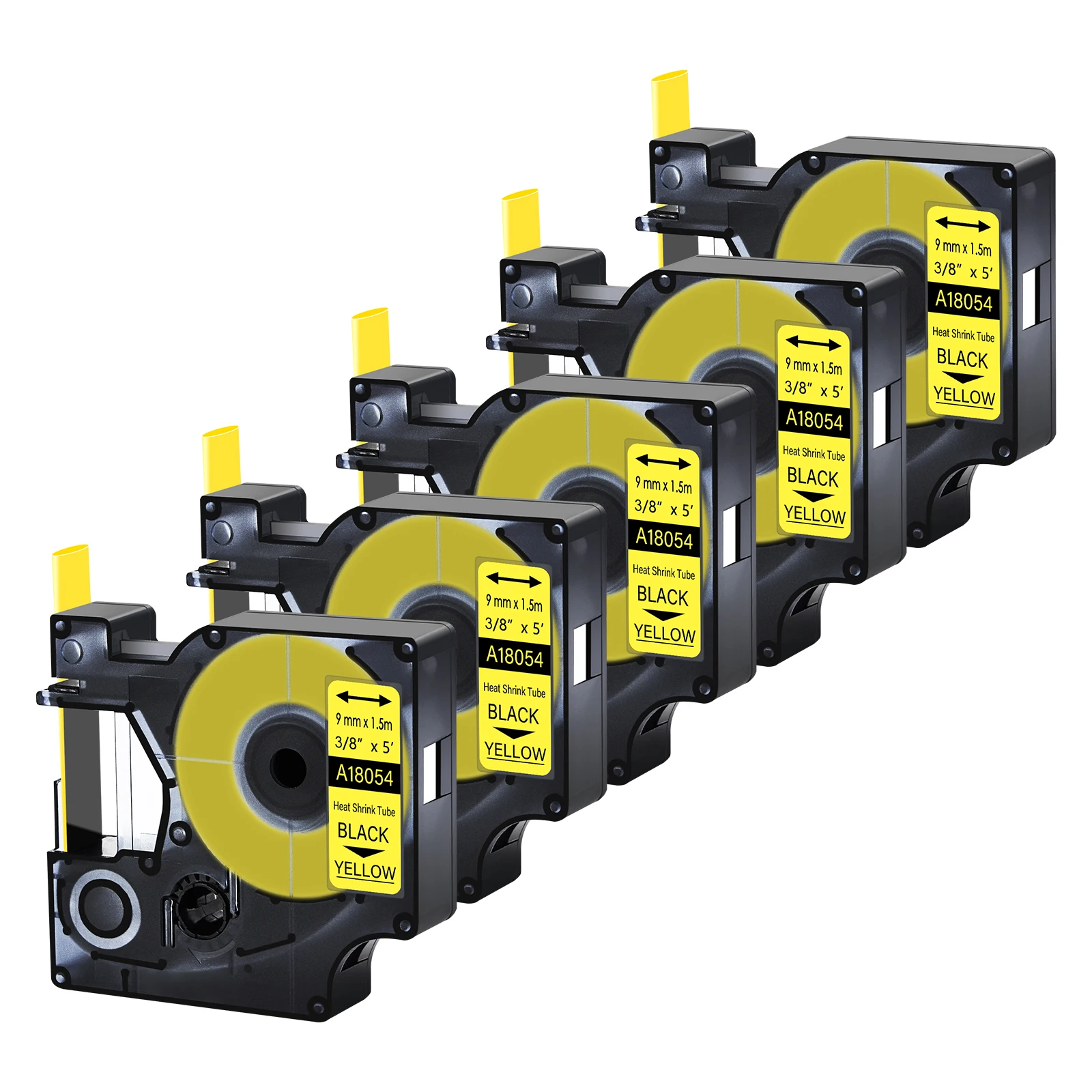 Термоусадочная трубка GREENCYCLE 5PK 9 мм черная на желтой этикетке совместимая с Dymo 18054