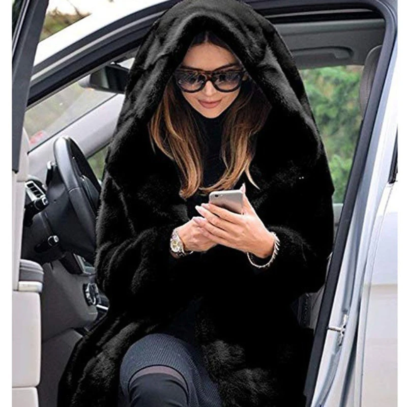 2022 New Fashion Solid Color Hooded Faux Fur Ladies Autumn and Winter Warm Casual Mid-length Loose and Elegant Plush Coat Women
