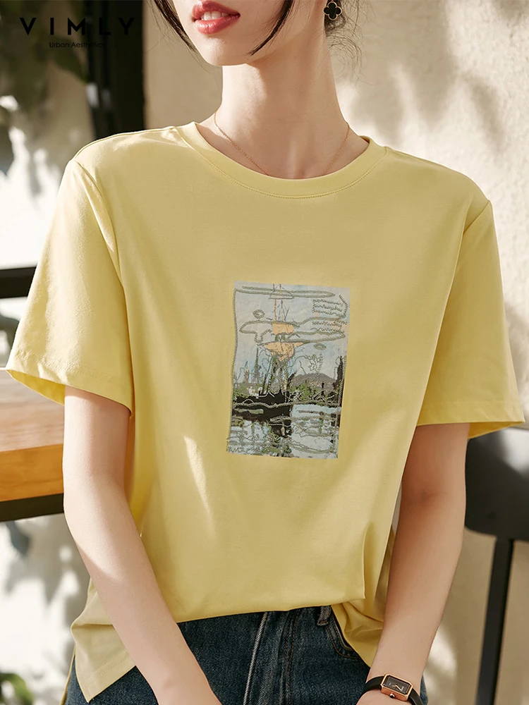 

VIMLY Fashion T-shirt Summer New for Women 2022 Korean O-neck Short Sleeve Youth Simple Tshirt Breathable Female Clothing V3229