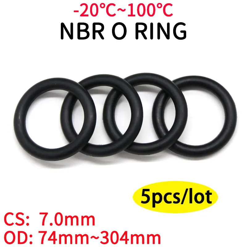 

5pcs NBR O Ring Seal Gasket Thickness CS 7mm OD 74~304mm Nitrile Butadiene Rubber Spacer Oil Resistance Washer Round Shape Black