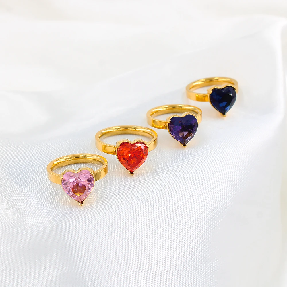 

New Colorful Cubic Zirconia Heart Shape Gemstone Rings For Women Titanium Steel Gold Plated Engagement Romantic Love Ring