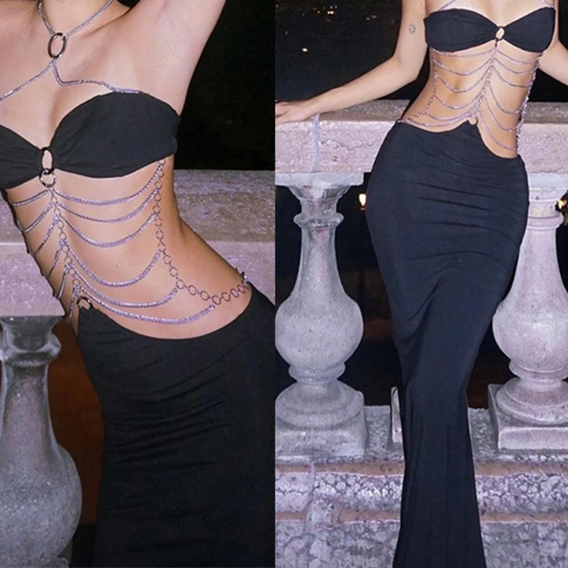 

M2EA Women Sexy Halter Hollow Out Multilayer Metal Chain Backless Maxi Bodycon Dress