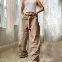 sunny khaki vintage 90s pockets cargo pants with sashes low waist casual loose baggy wide leg trousers women hippie joggers