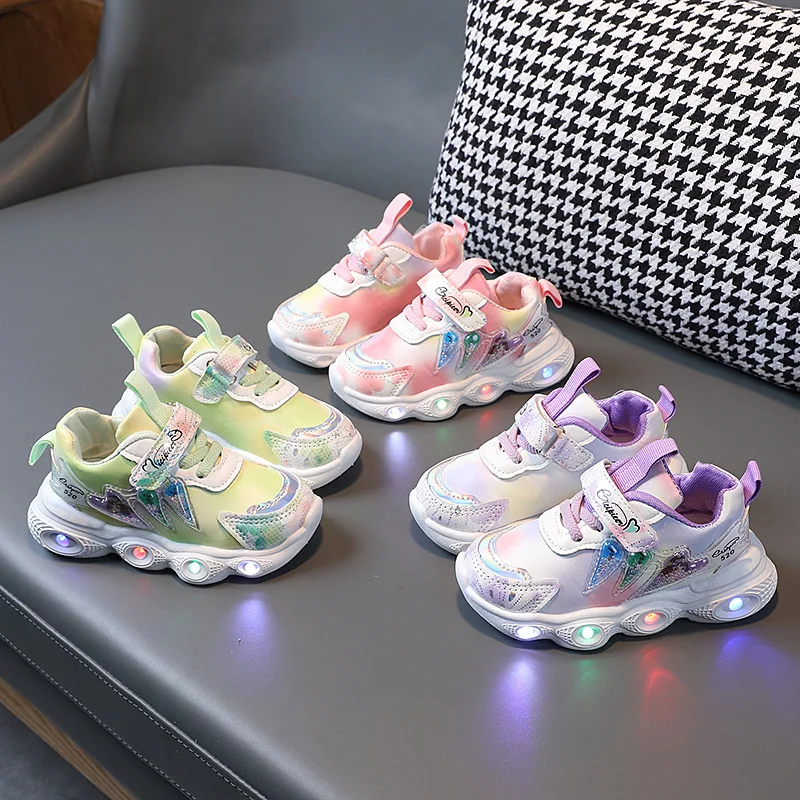New Beautiful Lighted Girls Shoes Elegant Princess Lovely Kids Sneakers Toddlers Leisure High Quality Children Casual Shoes
