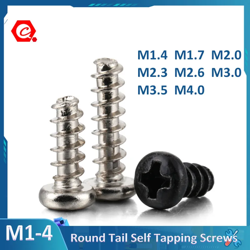 

M1.4-M4 Mini Small Phillips Pan Head Flat Tail Self Tapping Screws Cross Round Head Flat End Screw Nickel /Black Zinc Plated