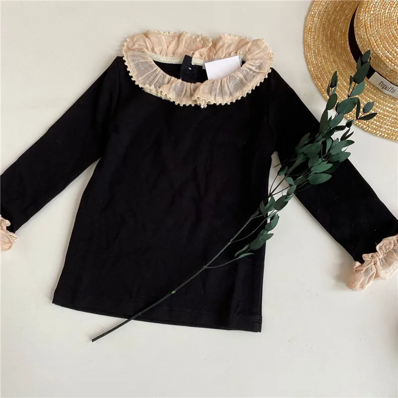 

EnkeliBB Sweet Toddler Girl Autumn Basic T Shirt Black Color With Ruffle Collar Cute Children Girls Quality T-shirts