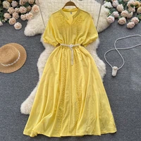 high quality waist and thin embroidered v neck dress summer womens puff sleeves chic and beautiful stunning mid length skirt