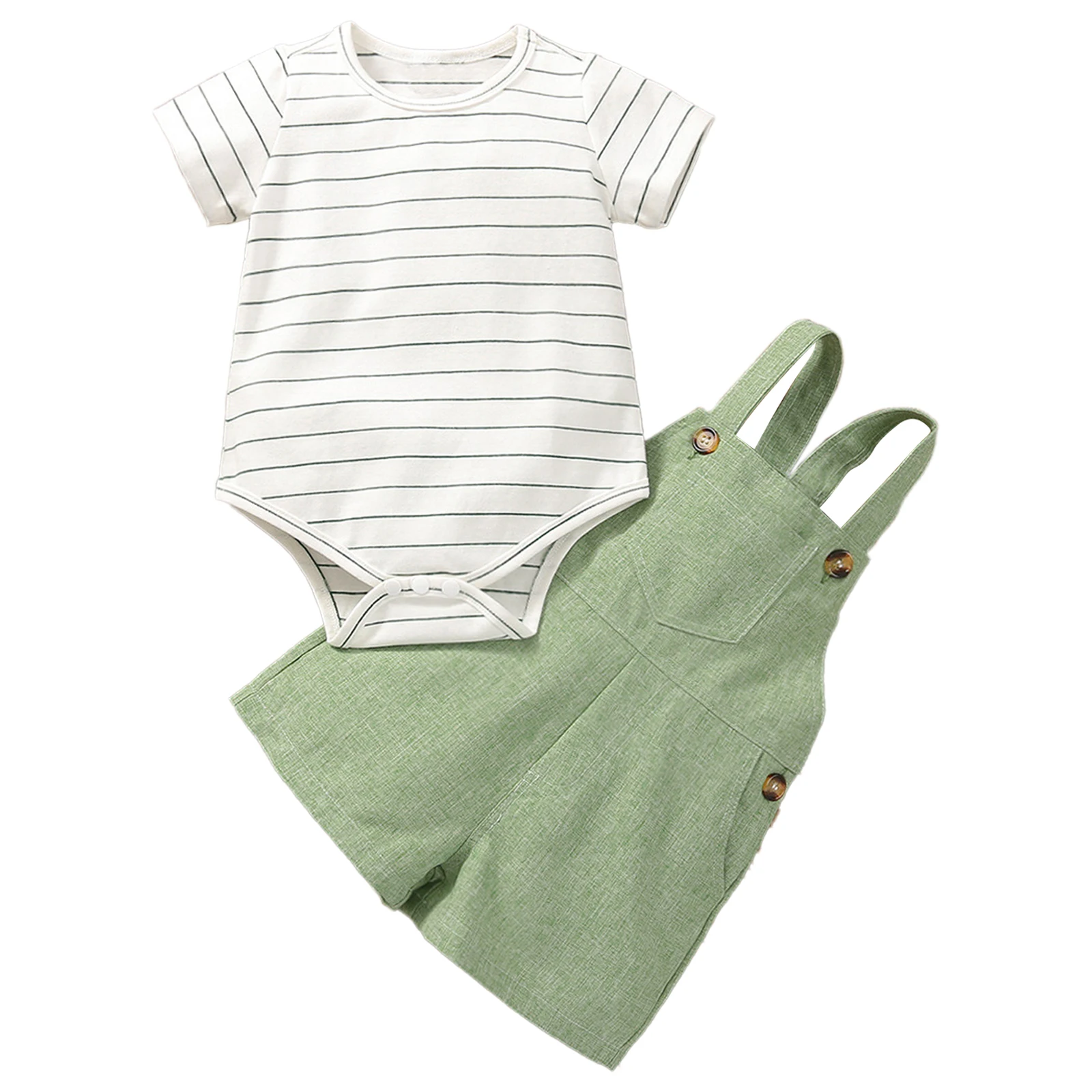 

Baby Girls Casual Clothes Set Short Sleeve Round Neckline Horizontal Stripes Romper With Suspender Shorts Summer costumes