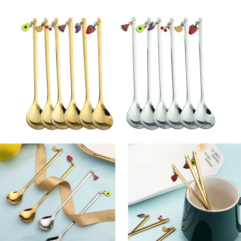

1pcs Stainless Steel Spoon Party Ornaments Gold Creative Fruit Pendant Spoon Dessert Spoon Stainless Steel Coffee Stirring Spoon