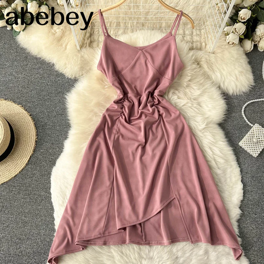 

Irregular Spaghetti Strap Dress Women Fashion Korean Sleeveless Club Party Dresses Summer Sexy Vacation Beach Sundress